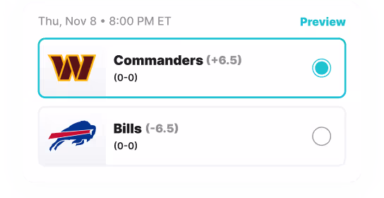 Betting against the spread: Commanders (+6.5) vs. Bills (-6.5).