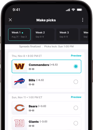 app interface displaying NFL matchups with point spreads: Commanders (+6.5) vs. Bills (-6.5) and Bears (+3.0) vs. Giants (-3.0).