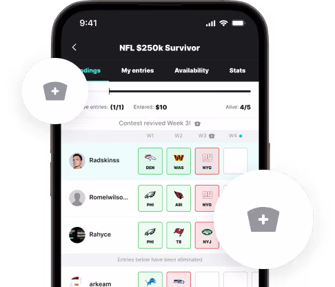 Mobile screen showing the NFL $250k Survivor game interface with the Revivals feature highlighted, allowing eliminated entrants to make picks the following week.
