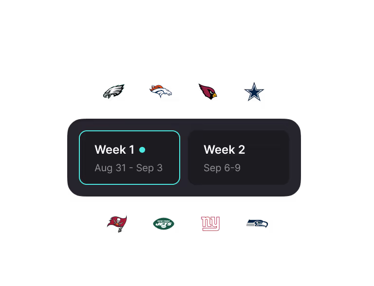 Double Pick Weeks information screen showing NFL teams for Weeks 1 and 2. Commissioners can require players to select two winning teams during these weeks to advance in their contest.