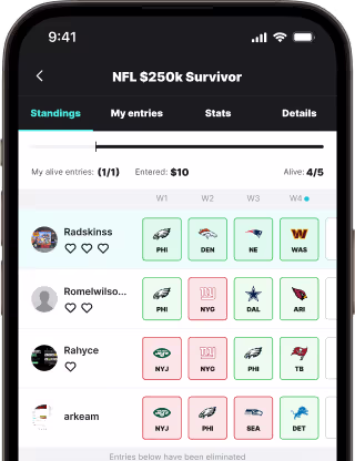 mobile interface of NFL $250k Survivor