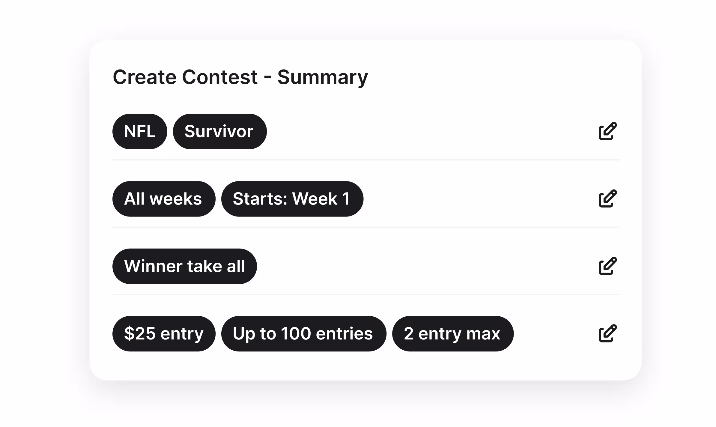 Create contest summary with sport and rules