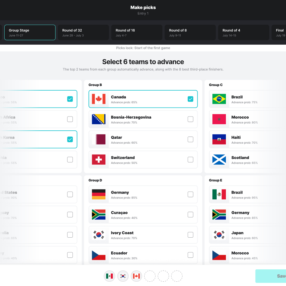 World Cup survivor pick sheet: select teams to advance from each group